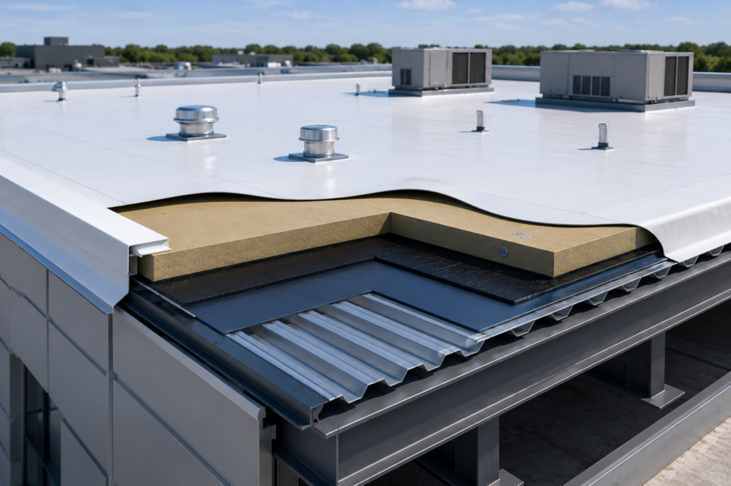 Commercial roofing system installed on a commercial property