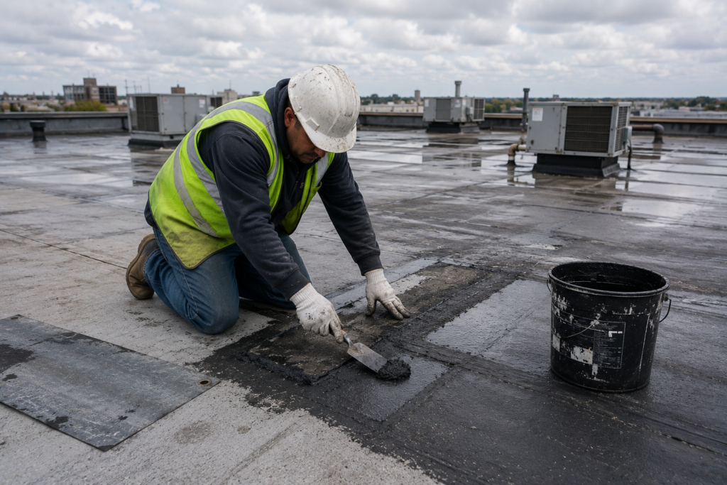 Commercial roof repair technicians repairing a flat roof