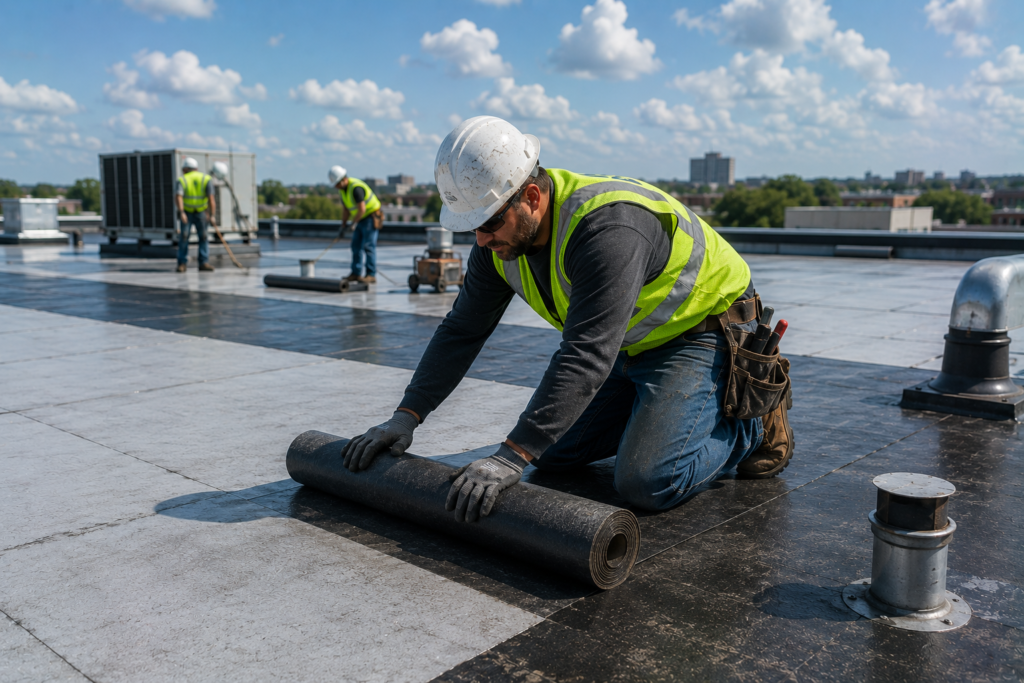 Commercial roof maintenance inspection in progress