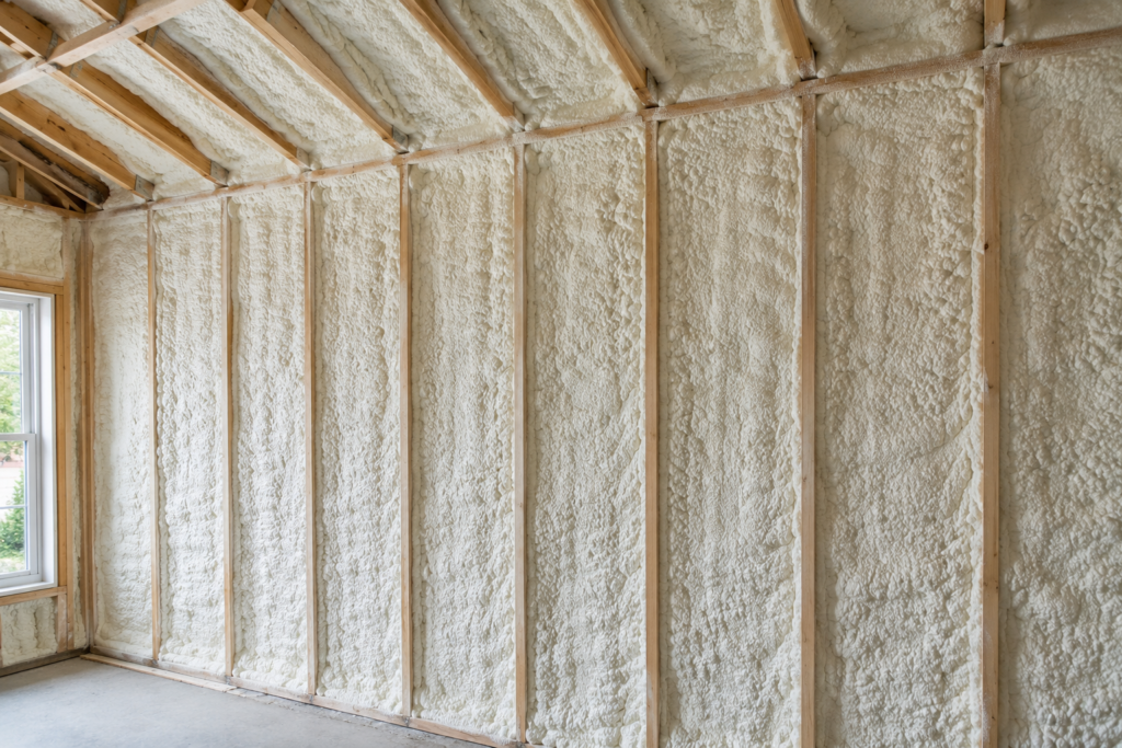 Closed-cell SPF insulation installed in a building wall and ceiling